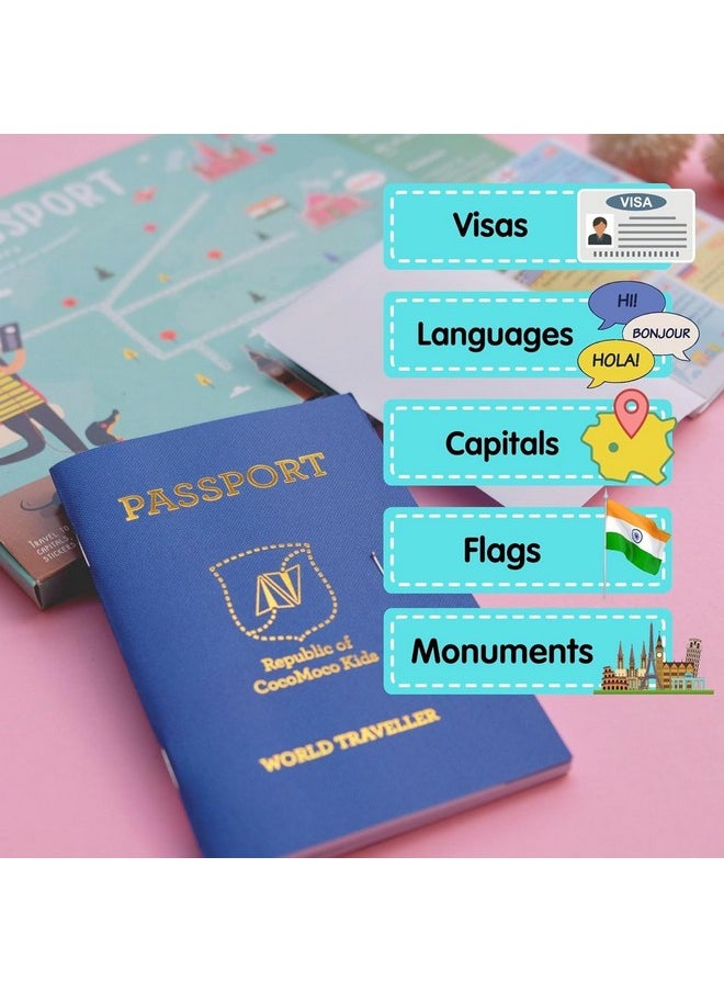 CocoMoco Kids Pretend Play Passport with World Map and Stickers Educational Learning Toy for Boys Girls - Unique Birthday Return Gift for Kids Pack of 5