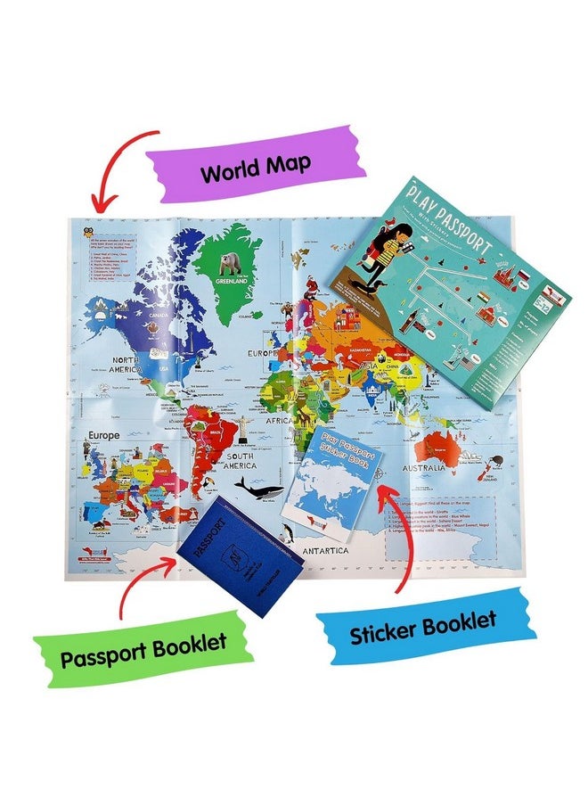 CocoMoco Kids Pretend Play Passport with World Map and Stickers Educational Learning Toy for Boys Girls - Unique Birthday Return Gift for Kids Pack of 5
