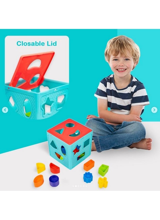 PLUSPOINT Shape Sorter Cube Toy with 18 Shapes Educational Learning Toy Early Childhood Shapes and Colors Recognition Hand-Eye Coordination Sensory Exploration Interactive Playset for Toddlers