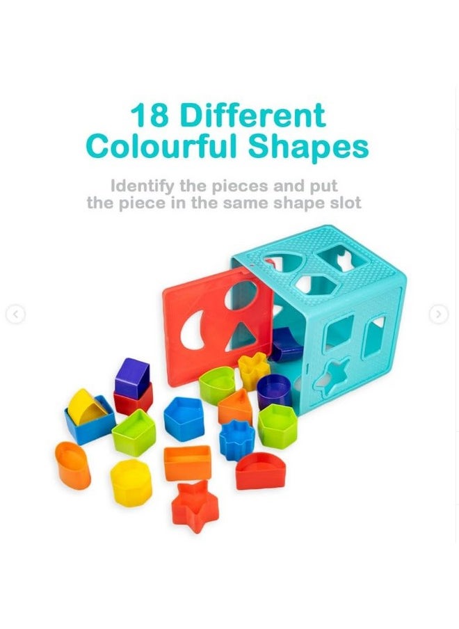 PLUSPOINT Shape Sorter Cube Toy with 18 Shapes Educational Learning Toy Early Childhood Shapes and Colors Recognition Hand-Eye Coordination Sensory Exploration Interactive Playset for Toddlers