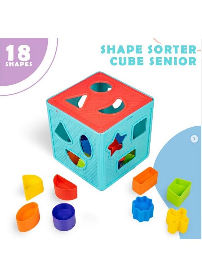 PLUSPOINT Shape Sorter Cube Toy with 18 Shapes Educational Learning Toy Early Childhood Shapes and Colors Recognition Hand-Eye Coordination Sensory Exploration Interactive Playset for Toddlers