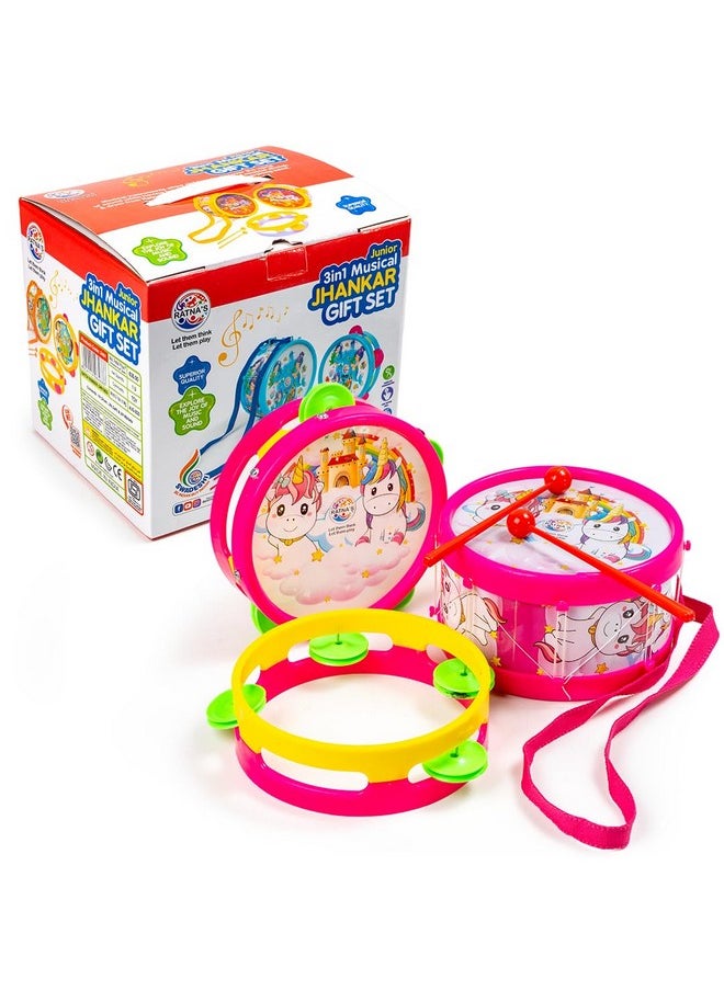 Ratna's 3 in 1 Musical Jhankar Gift Set Junior Unicorn Printed Drum Dafli Toy Musical Instrument with 2 Mallets for Kids