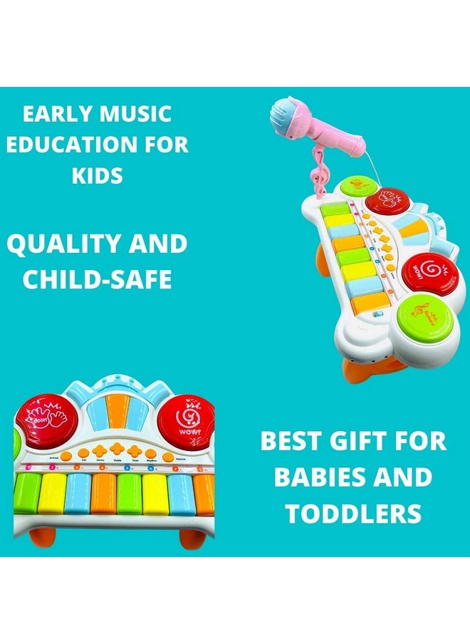 VikriDA 2 in 1 Kids Drum Set and Piano Toy with AUX Capability, Musical Instruments Playset Flash Light Toy with Adjustable Microphone, Toys for Boys and Girls