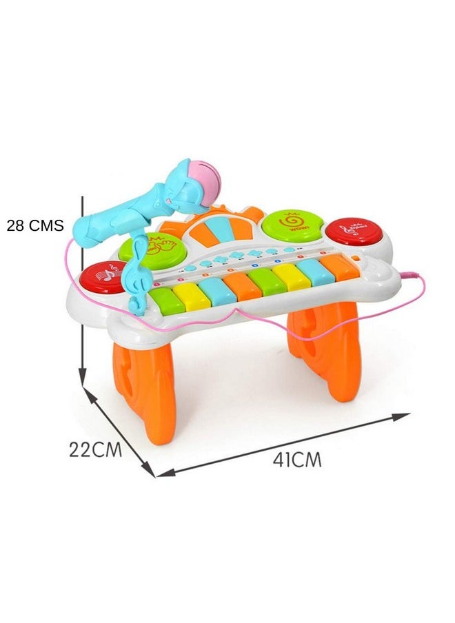 VikriDA 2 in 1 Kids Drum Set and Piano Toy with AUX Capability, Musical Instruments Playset Flash Light Toy with Adjustable Microphone, Toys for Boys and Girls