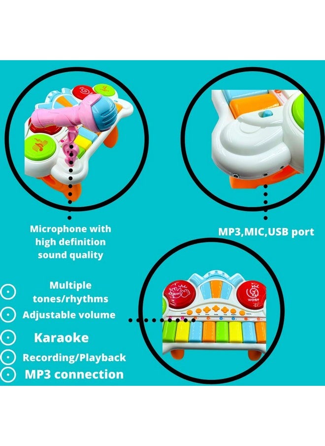 VikriDA 2 in 1 Kids Drum Set and Piano Toy with AUX Capability, Musical Instruments Playset Flash Light Toy with Adjustable Microphone, Toys for Boys and Girls