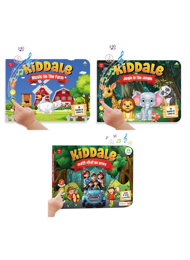 Kiddale 3-Pack Music On The Farm, Jingle In The Jungle And Hindi Nursery Rhyme Musical Interactive Sound Books, Multicolor