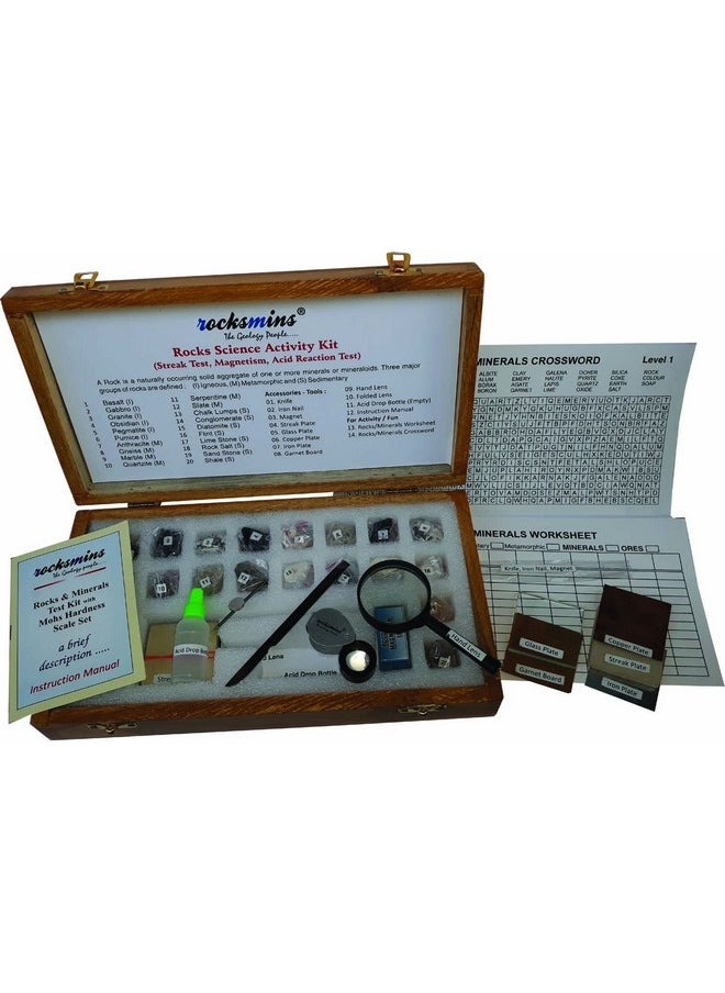 Rocksmins Rocks Science Activity Kit RO20ACWB in Wooden Box with Testing Tools Worksheet Rocks Minerals Puzzle 7 Sheets Set of 20 Handpicked Natural Rocks Specimens in Storage Tray for geology