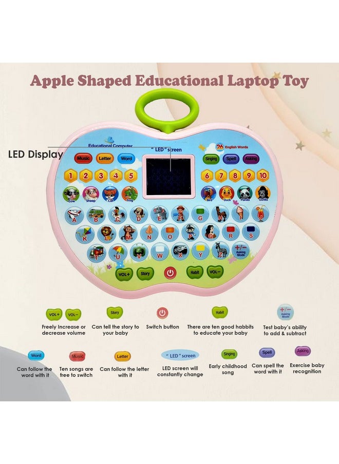 VGRASSP Apple Shape Educational Mini Computer Laptop Toy for Kids LED Display and Fun Music for Learning Alphabets Numbers Words and Animals (Pink)