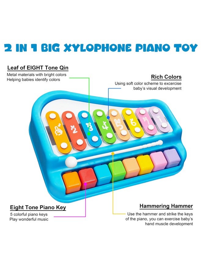 VGRASSP 2 in 1 Big Xylophone and Piano Toy for Kids with 8 Colorful Keys and Drum Sticks - Musical Instrument Toy for Baby and Toddlers - Blue
