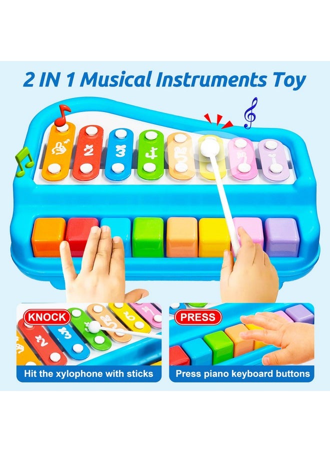 VGRASSP 2 in 1 Big Xylophone and Piano Toy for Kids with 8 Colorful Keys and Drum Sticks - Musical Instrument Toy for Baby and Toddlers - Blue