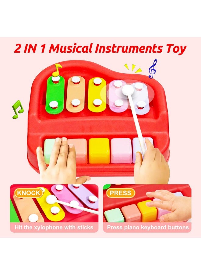 VGRASSP 2 in 1 Small Xylophone and Piano Toy for Kids with Colorful Keys and Drum Sticks - Musical Instrument Toy for Baby and Toddlers - Red