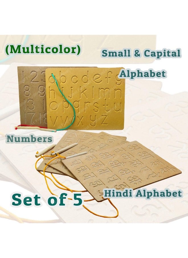 FunBlast Writing Practice Tracing Wooden Boards for Kids- Set of 5 Includes Small & Capital Alphabet, Numbers and Hindi Alphabet (Made in India)- Multicolor