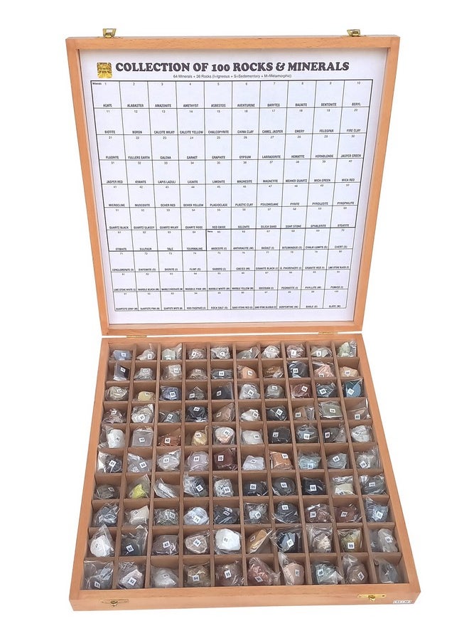 Rocksmins Collection of 100 Rocks & Minerals for Education in Wooden Box Rare & Commen 100 Specimens