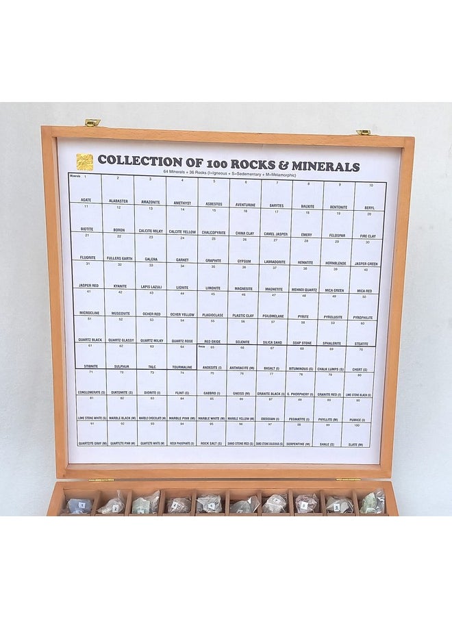 Rocksmins Collection of 100 Rocks & Minerals for Education in Wooden Box Rare & Commen 100 Specimens