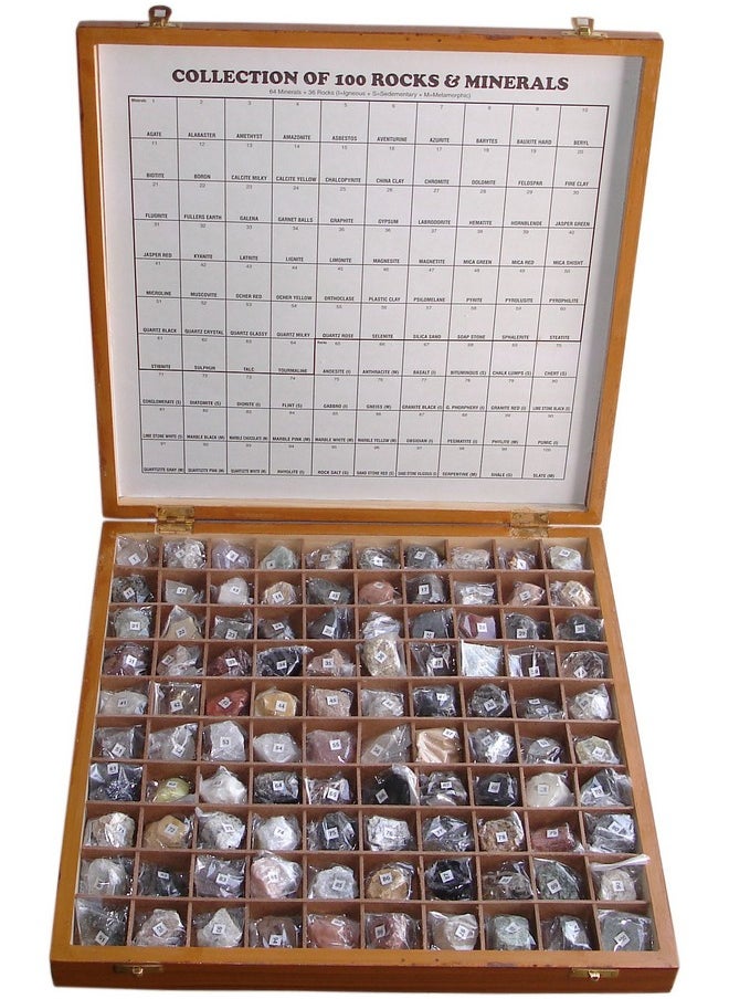Rocksmins Collection of 100 Rocks & Minerals for Education in Wooden Box Rare & Commen 100 Specimens
