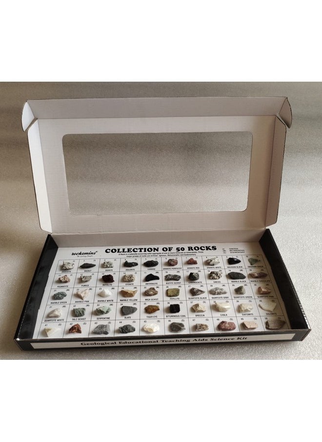 ROCKSMINS RO50WM Rocks Collection Set of 50 School Education Igneous Sedimentary Metamorphic Samples Activity Geology Earth Science Volcanic Stones Rock Memory Great Educational STEM Toys for Kids