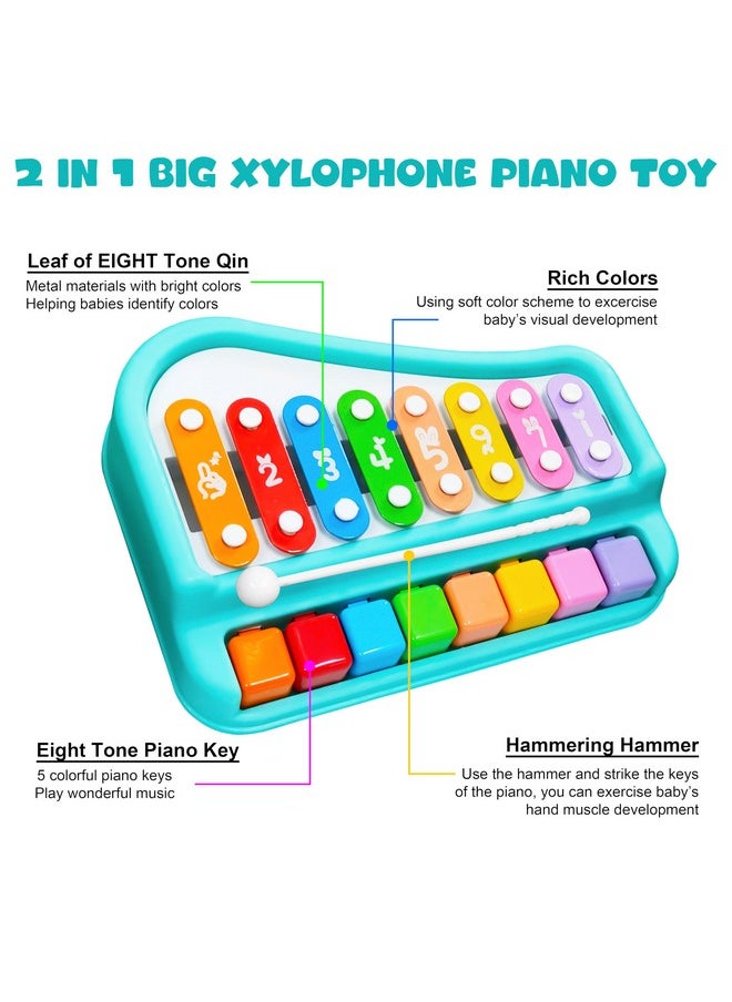 VGRASSP 2 in 1 Big Xylophone and Piano Toy for Kids with 8 Colorful Keys and Drum Sticks - Musical Instrument Toy for Baby and Toddlers - Turquoise