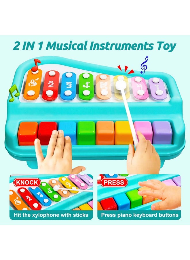 VGRASSP 2 in 1 Big Xylophone and Piano Toy for Kids with 8 Colorful Keys and Drum Sticks - Musical Instrument Toy for Baby and Toddlers - Turquoise