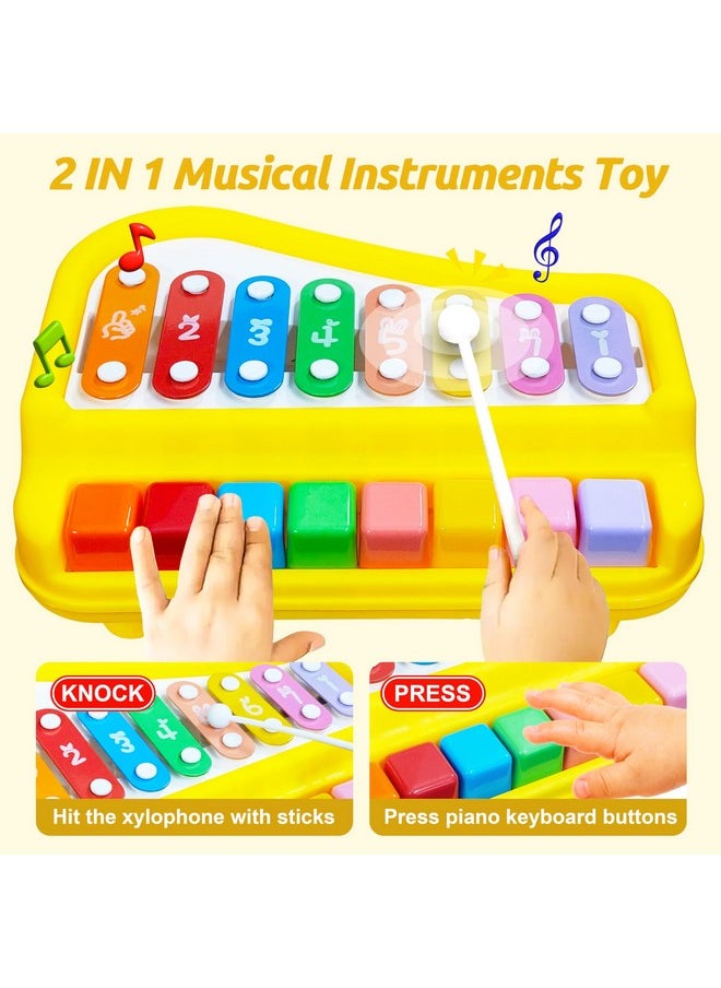 VGRASSP 2 in 1 Big Xylophone and Piano Toy for Kids with 8 Colorful Keys and Drum Sticks - Musical Instrument Toy for Baby and Toddlers - Yellow