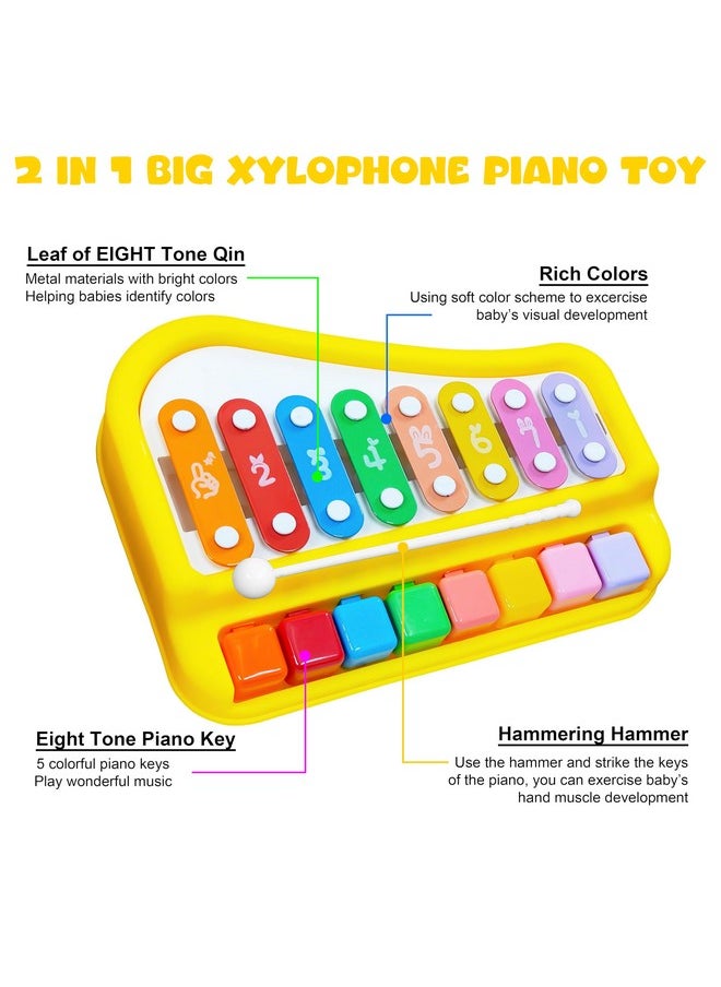 VGRASSP 2 in 1 Big Xylophone and Piano Toy for Kids with 8 Colorful Keys and Drum Sticks - Musical Instrument Toy for Baby and Toddlers - Yellow
