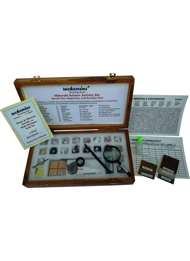 Rocksmins Minerals Science Activity Kit in a Wooden Box MI20ACWB with 10 Testing Tools Worksheet Geology Puzzle 7 Sheets Set of 20 Handpicked Natural Minerals Specimens in Storage Tray for Education