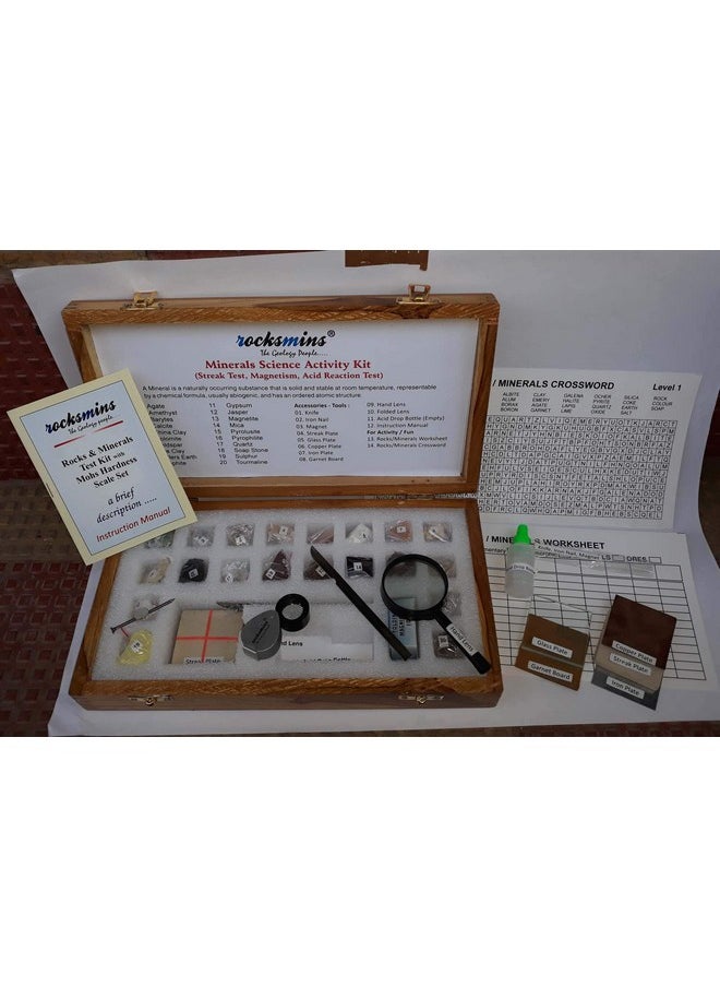 Rocksmins Minerals Science Activity Kit in a Wooden Box MI20ACWB with 10 Testing Tools Worksheet Geology Puzzle 7 Sheets Set of 20 Handpicked Natural Minerals Specimens in Storage Tray for Education