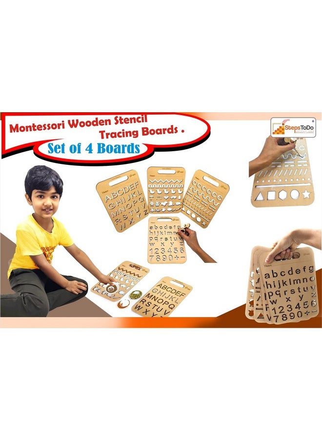 StepsToDo Montessori Wooden Stencil Boards Set of 4. Tracing Kit for Alphabet Letters, Shapes, Numbers, Patterns, Lines, Zig-Zags, Waves, Spirals and Shapes, Large and Small Letters.