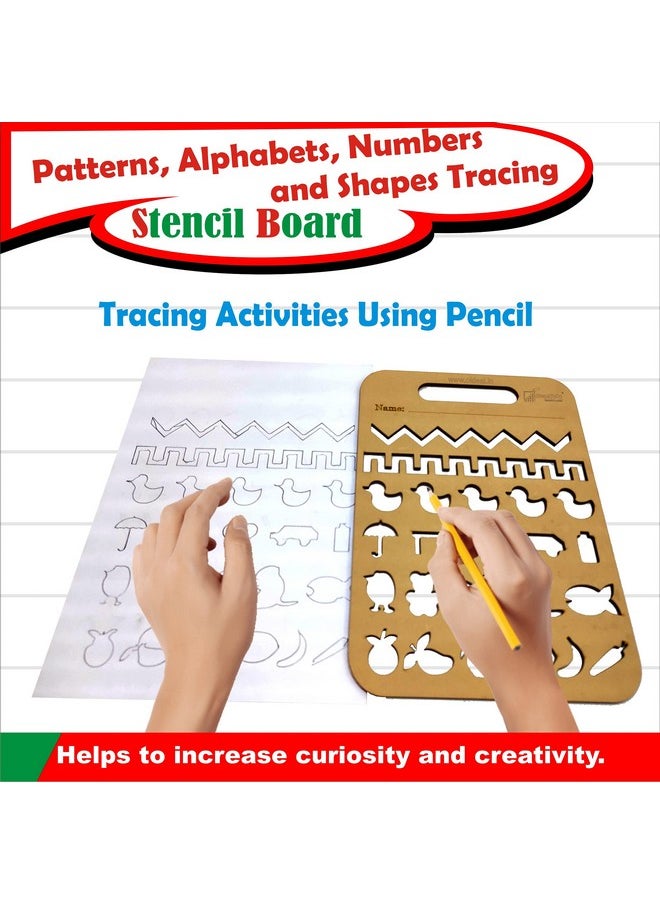 StepsToDo Montessori Wooden Stencil Boards Set of 4. Tracing Kit for Alphabet Letters, Shapes, Numbers, Patterns, Lines, Zig-Zags, Waves, Spirals and Shapes, Large and Small Letters.