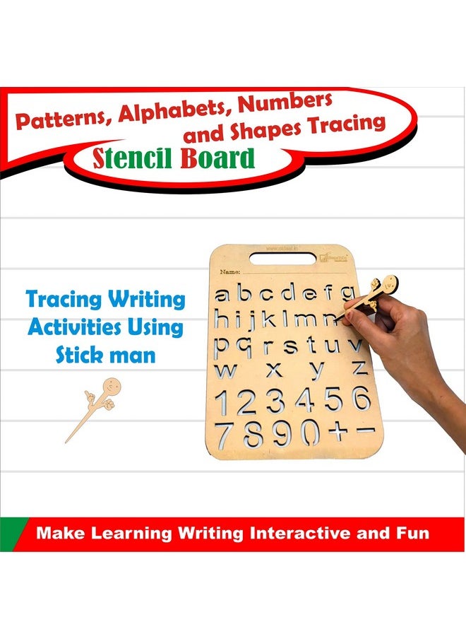 StepsToDo Montessori Wooden Stencil Boards Set of 4. Tracing Kit for Alphabet Letters, Shapes, Numbers, Patterns, Lines, Zig-Zags, Waves, Spirals and Shapes, Large and Small Letters.