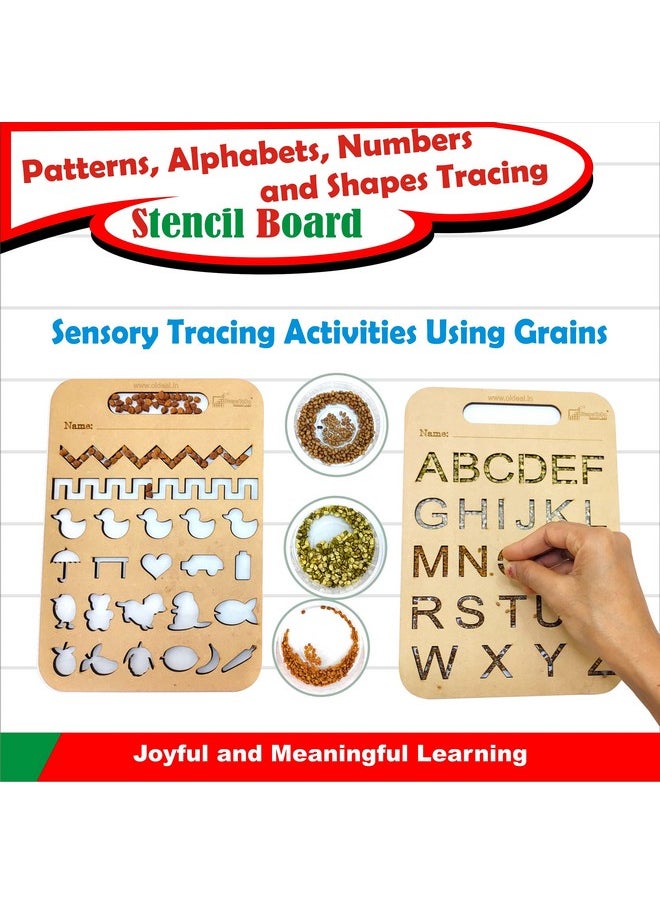 StepsToDo Montessori Wooden Stencil Boards Set of 4. Tracing Kit for Alphabet Letters, Shapes, Numbers, Patterns, Lines, Zig-Zags, Waves, Spirals and Shapes, Large and Small Letters.