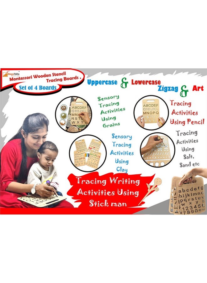 StepsToDo Montessori Wooden Stencil Boards Set of 4. Tracing Kit for Alphabet Letters, Shapes, Numbers, Patterns, Lines, Zig-Zags, Waves, Spirals and Shapes, Large and Small Letters.