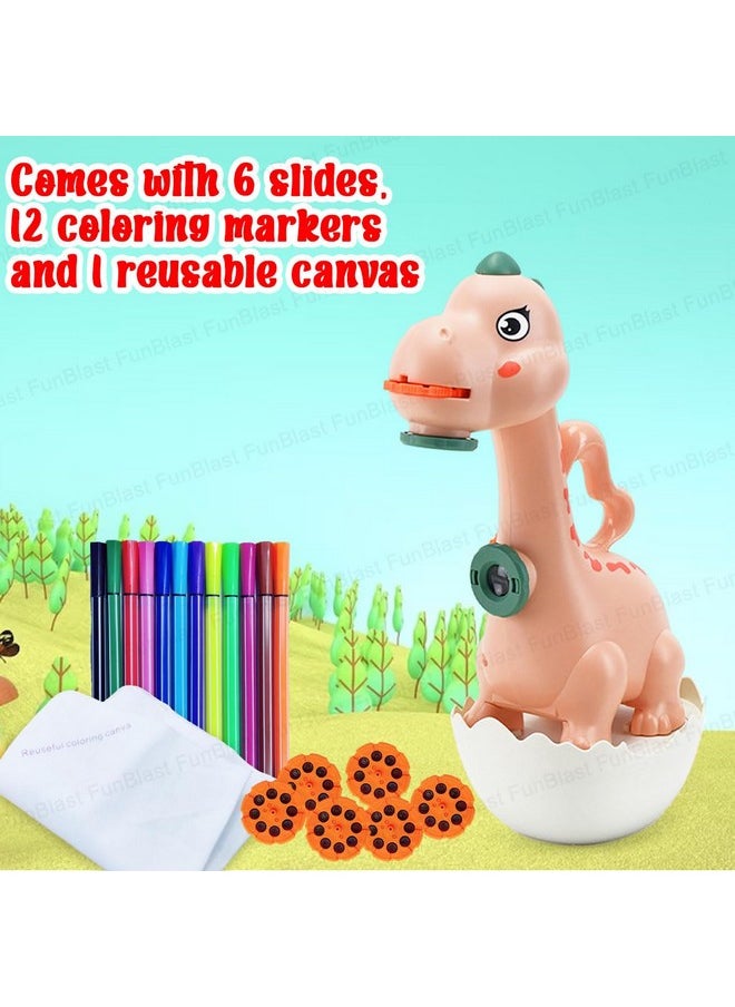 FunBlast Dino Flashlights Projector Torch for Kids - Projection Light for Kids, Slide Projector Torch for Kids, 6 Slides with Color Markers & Reusable Canvas Coloring Kit (Pink)
