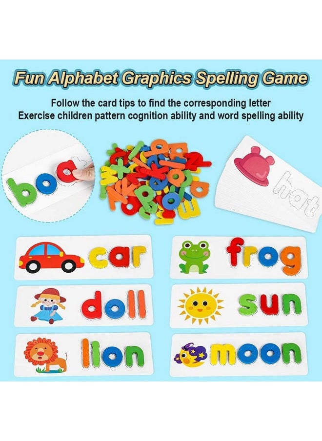 PLUSPOINT Wooden Spelling Game Learn Letters Matching Alphabet Spellings with Flash Cards Kids Educational Preschool Vocabulary Spell Word Game for 3-8 Years Old Kids Boys Girls (Match & Trace)