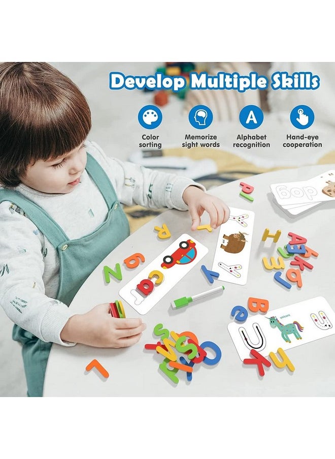 PLUSPOINT Wooden Spelling Game Learn Letters Matching Alphabet Spellings with Flash Cards Kids Educational Preschool Vocabulary Spell Word Game for 3-8 Years Old Kids Boys Girls (Match & Trace)