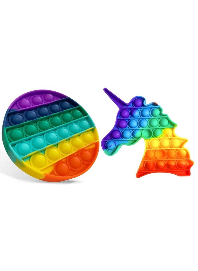 FunBlast Round & Unicorn Pop It Fidget Toy, Autism Special Needs Silicone Stress Reliever, Squeeze Sensory Toy - Pack of 2