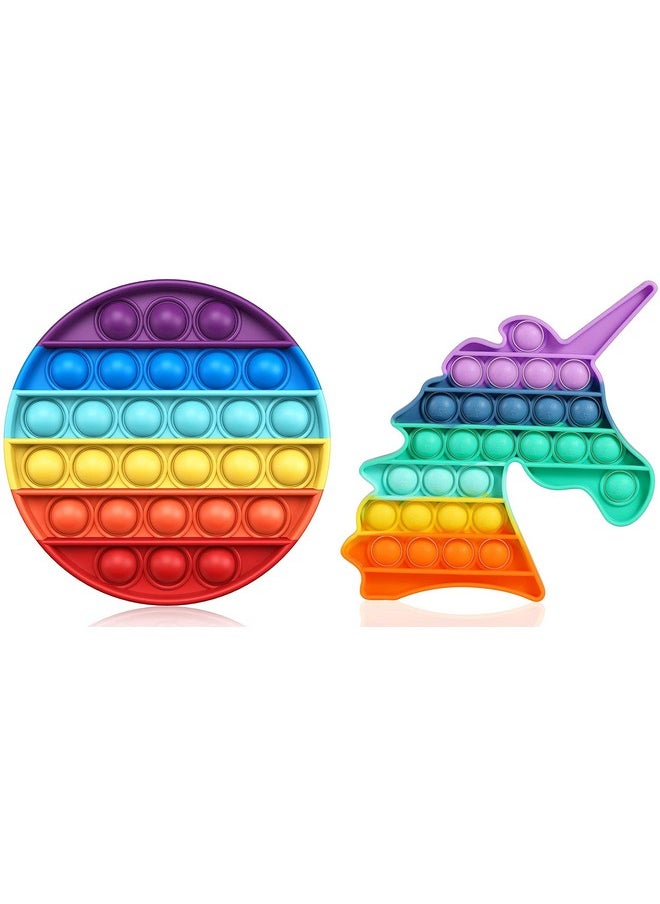 FunBlast Round & Unicorn Pop It Fidget Toy, Autism Special Needs Silicone Stress Reliever, Squeeze Sensory Toy - Pack of 2