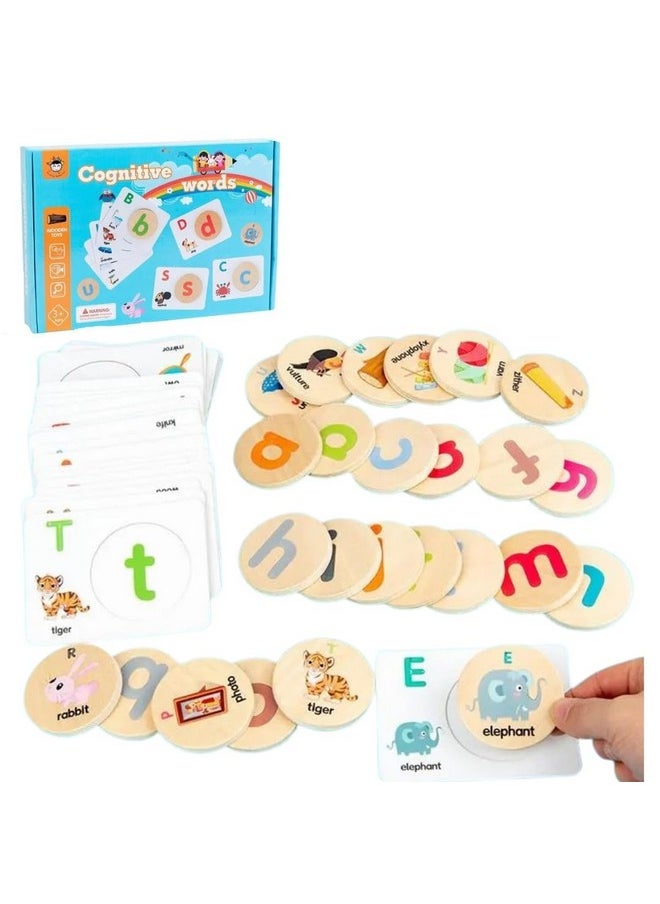 PLUSPOINT Letters Matching Game with Flash Card Cognitive Words Round Blocks Children Wooden Interactive Toys Early Educational Toys for Kids 3-8 Years (Words Game)