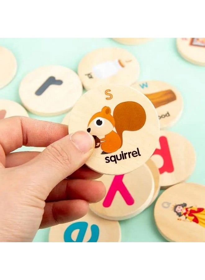 PLUSPOINT Letters Matching Game with Flash Card Cognitive Words Round Blocks Children Wooden Interactive Toys Early Educational Toys for Kids 3-8 Years (Words Game)