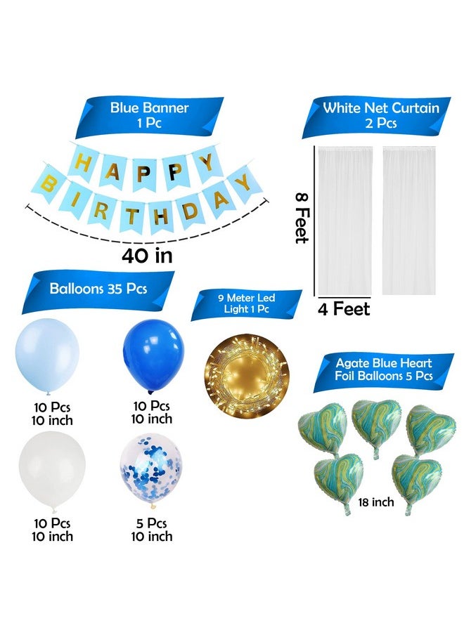 Party Propz Blue Happy Birthday Decoration Combo - Set of 44Pcs Birthday Decoration Kit | Balloon Decoration for Birthday with Blue Marble Heart Foil Balloons | White Net Curtain with Led Light