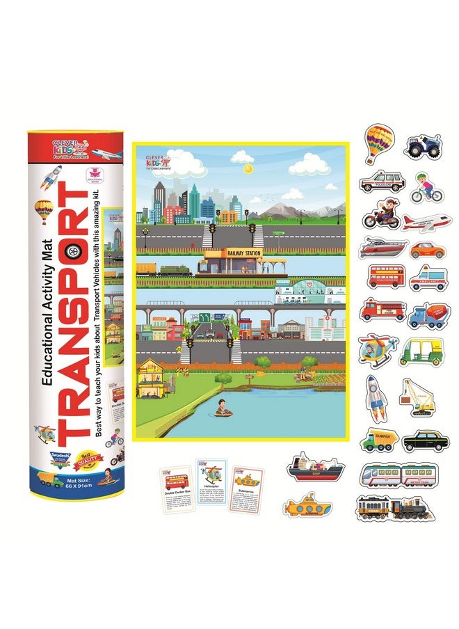 Clever Kids Educational Transport Activity Mat (91 cms X 66 cms Jumbo Mat) with 12 Both Sides Printed Flash Cards & 22 Transport Vehicle eva Cutouts with Velcro.