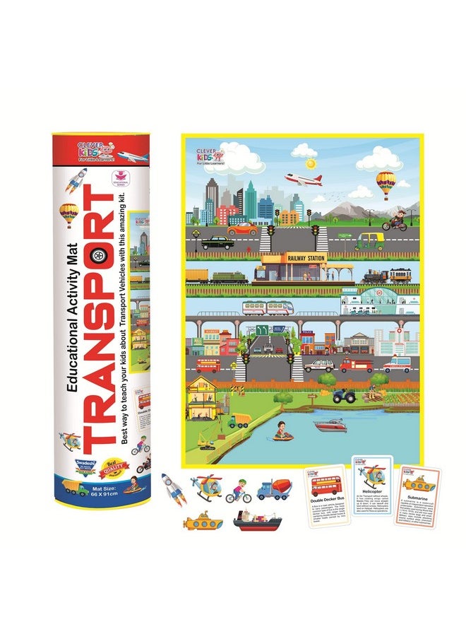 Clever Kids Educational Transport Activity Mat (91 cms X 66 cms Jumbo Mat) with 12 Both Sides Printed Flash Cards & 22 Transport Vehicle eva Cutouts with Velcro.