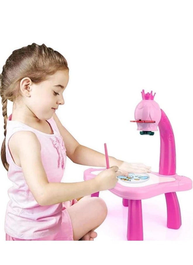 RUHANI Pink Projector Table Set with Drawing Book & Colour Set Art Supplies Sketche Board Toy Set Toddler Tracing and Painting Projection Set