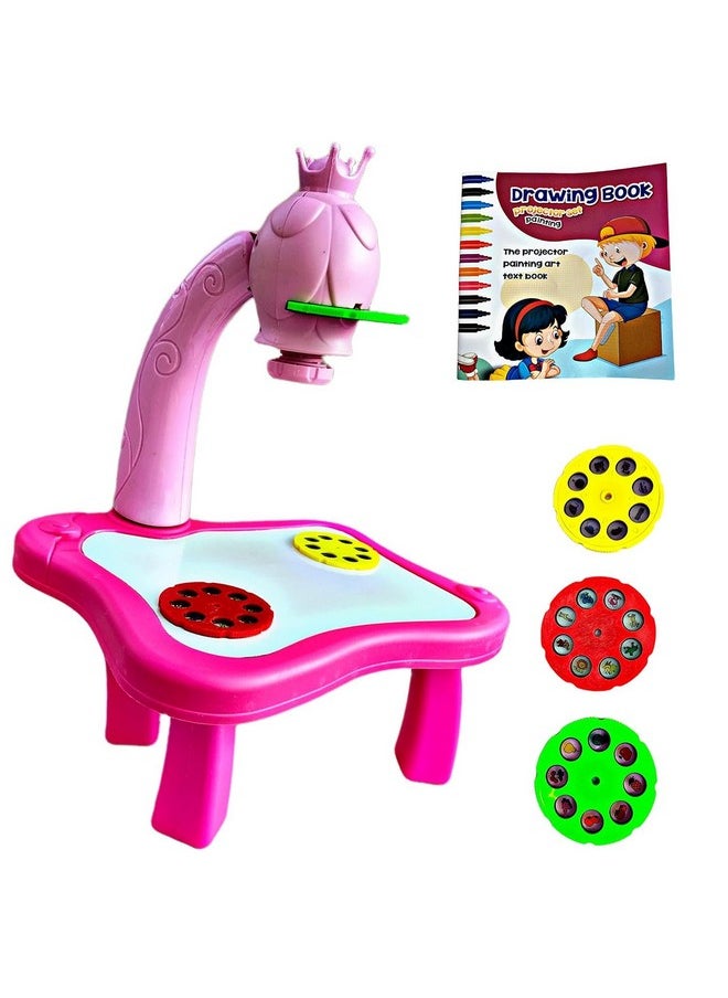 RUHANI Pink Projector Table Set with Drawing Book & Colour Set Art Supplies Sketche Board Toy Set Toddler Tracing and Painting Projection Set