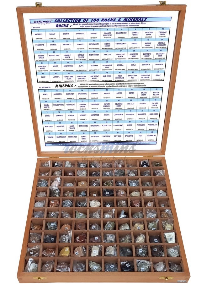 Rocksmins Collection of 100 Rocks & Minerals in a Export Quality Steam Beach Wood Wooden Box RM100WB Big Specimens of 50 Rocks and 50 Minerals in one kit for Education of Geology Earth Science Kit