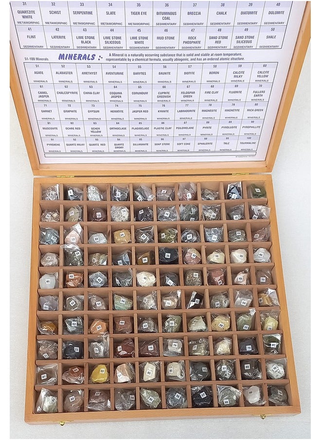 Rocksmins Collection of 100 Rocks & Minerals in a Export Quality Steam Beach Wood Wooden Box RM100WB Big Specimens of 50 Rocks and 50 Minerals in one kit for Education of Geology Earth Science Kit