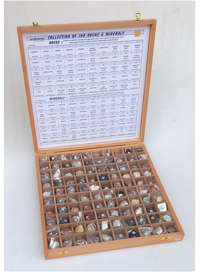 Rocksmins Collection of 100 Rocks & Minerals in a Export Quality Steam Beach Wood Wooden Box RM100WB Big Specimens of 50 Rocks and 50 Minerals in one kit for Education of Geology Earth Science Kit