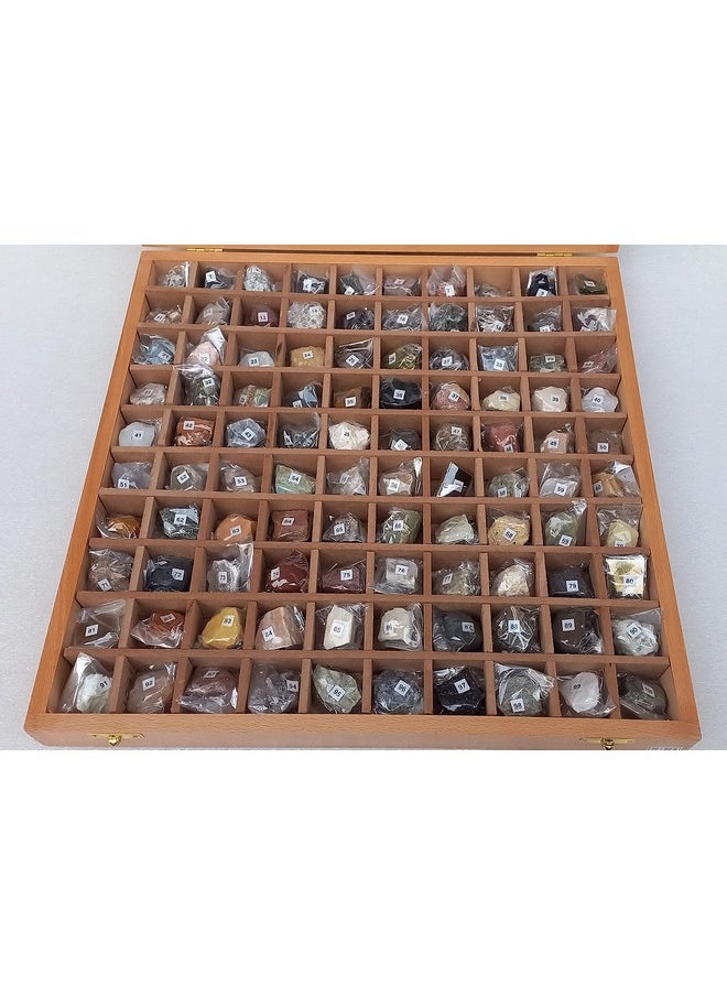Rocksmins Collection of 100 Rocks & Minerals in a Export Quality Steam Beach Wood Wooden Box RM100WB Big Specimens of 50 Rocks and 50 Minerals in one kit for Education of Geology Earth Science Kit
