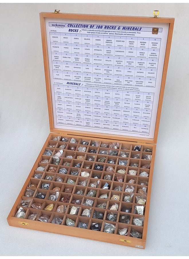 Rocksmins Collection of 100 Rocks & Minerals in a Export Quality Steam Beach Wood Wooden Box RM100WB Big Specimens of 50 Rocks and 50 Minerals in one kit for Education of Geology Earth Science Kit