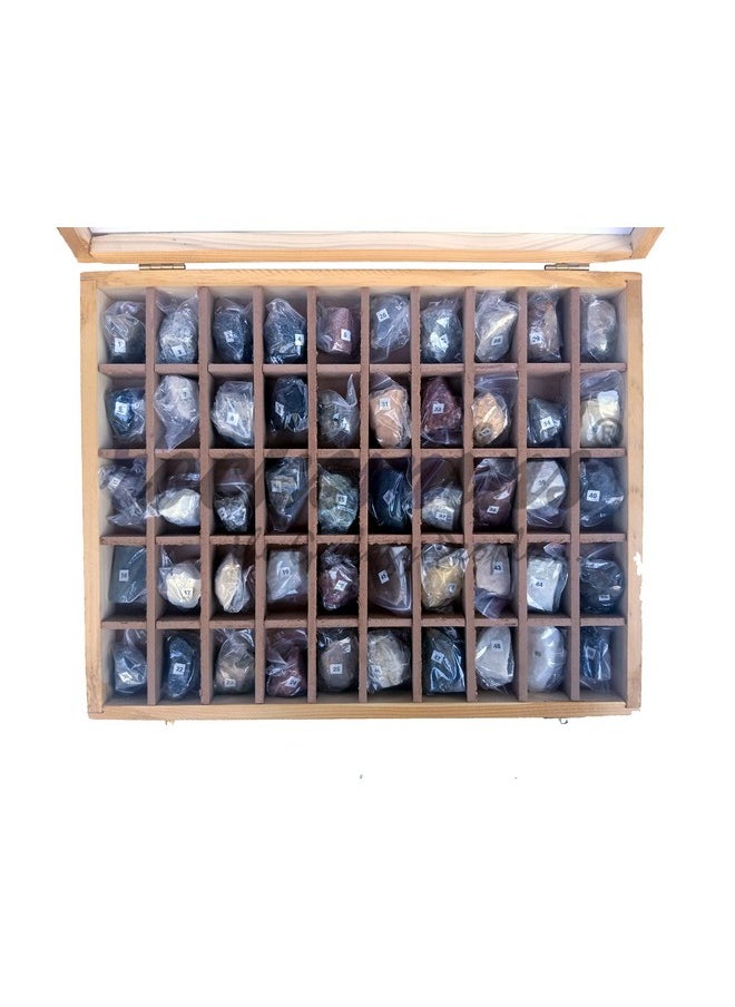 Rocksmins Collection of 50 Rocks & Minerals RM50WB in Wooden Box Set Big 50 Handpicked Rock and Mineral Specimen for Education of Geology Earth Science Kits & ideal Study of Earth Science Stones