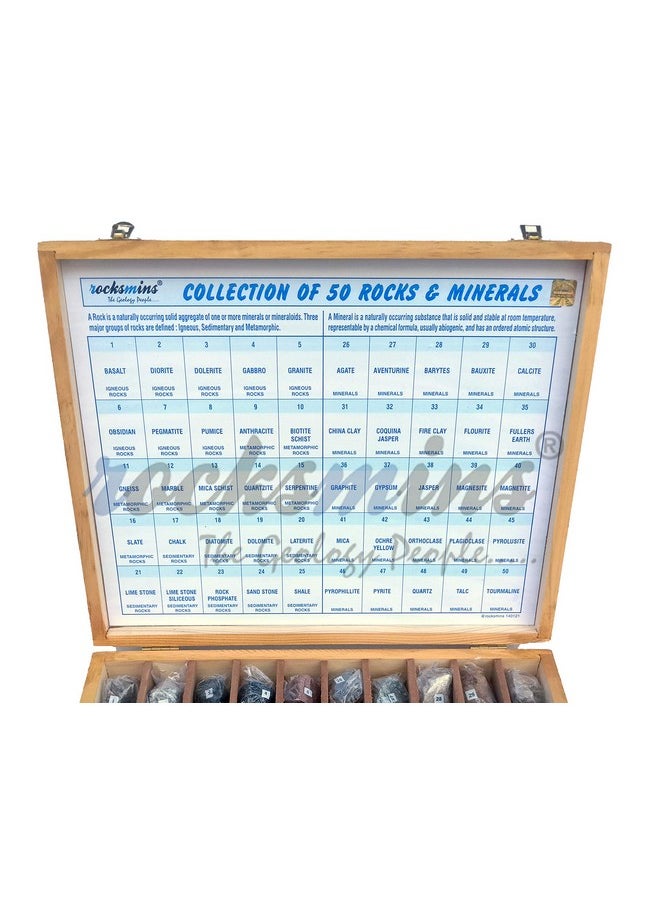 Rocksmins Collection of 50 Rocks & Minerals RM50WB in Wooden Box Set Big 50 Handpicked Rock and Mineral Specimen for Education of Geology Earth Science Kits & ideal Study of Earth Science Stones